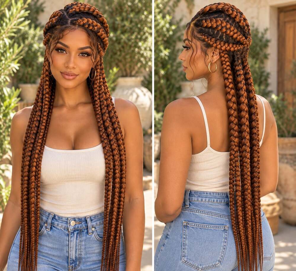 Helmien Heritage 34” Long Auburn Copper Braided Lace Front Wig – Handmade Cornro